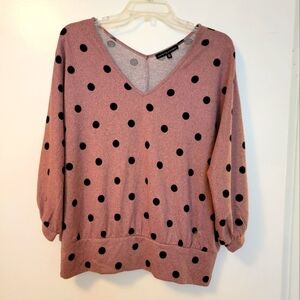 Adrienne Vittadini Pink and Black Polka Dot Open Sleeve Top